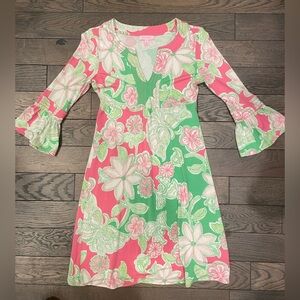 LILLY PULITZER PINK Green white silk knit FLORAL Caftan TUNIC DRESS xs